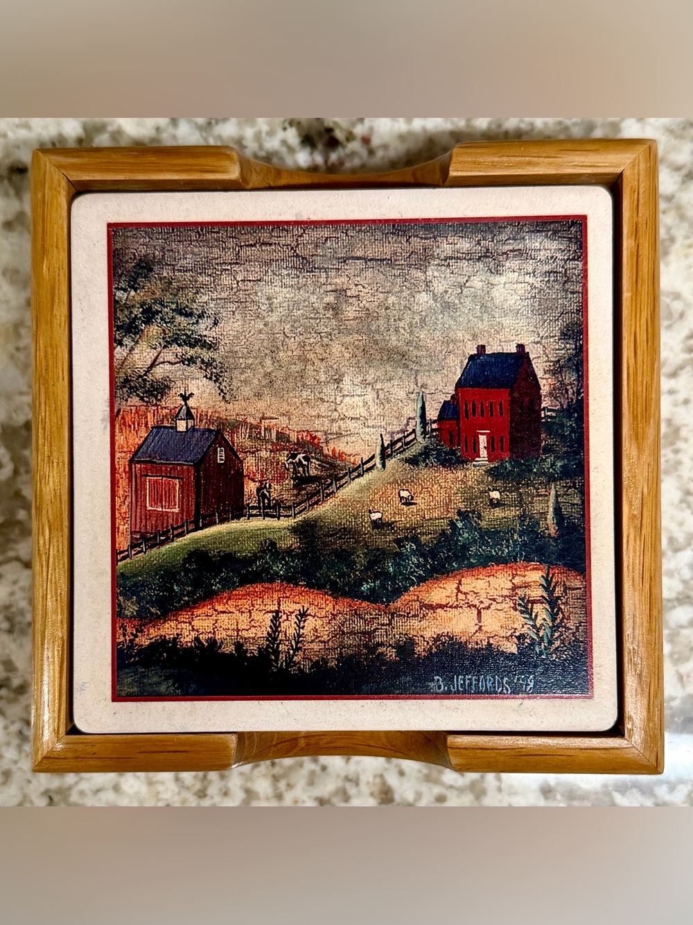 Rustic Red Barn Ceramic Coaster Set with Wooden Holder Farmhouse Decor Folk Art